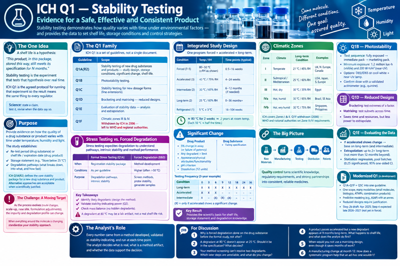 One-page overview of ICH Q1 stability testing. Panels cover: the one idea (a shelf life is a hypothesis that stability testing tests over time); the purpose (evidence on how quality varies with temperature, humidity and light, to set a re-test period or shelf life, storage statement and degradation pathways); the challenge of a moving target as the process evolves; the Q1A–Q1F family; stress testing versus R&D forced degradation with key takeaways; an integrated forced + accelerated + long-term study design with the ~80 °C/2 weeks ≈ 2 years rule; significant change criteria and a three-year testing-frequency grid; climatic zones I–IVb; Q1B photostability, Q1D reduced designs, Q1E data evaluation; the modernized Q1 in development; the big picture from raw materials to patients; the analyst's role; and discussion questions.