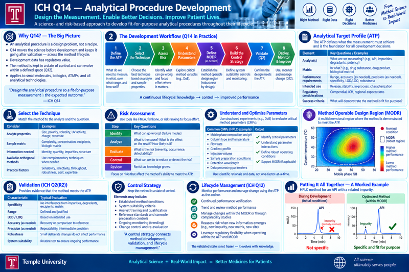 One-page overview of 'ICH Q14 — Analytical Procedure Development,' subtitled 'Design the Measurement. Enable Better Decisions. Improve Patient Lives.' with the tagline 'A science- and risk-based approach to develop fit-for-purpose analytical procedures throughout their lifecycle,' alongside icons for Right Method, Right Data, Right Decisions, Better Medicines — 'From Method Science to Real-World Impact.' Panels: (1) Why Q14? — The Big Idea — an analytical procedure is a design problem, not a recipe; Q14 moves the science before development and keeps it going after validation, across the method lifecycle; development data has regulatory value; the method is kept in a state of control and can evolve within a defined space (Q12); applies to small molecules, biologics, ATMPs, and all analytical technologies; with the ICH Q14 quote 'Design the analytical procedure so a fit-for-purpose measurement is the expected outcome'; (2) The Development Workflow (Q14 in Practice), an eight-step chevron flow — 1. Define the ATP (what do we need to measure, in what, over what range, how well?), 2. Select the Technique (choose the best technique based on analyte and sample properties), 3. Assess Risk (identify what can go wrong and focus effort where it matters), 4. Understand Parameters (explore critical method variables, e.g. DoE), 5. Define MODR as needed (establish the method operable design region — robustness by design), 6. Build the Control Strategy (define system suitability, controls, and monitoring), 7. Validate/Q2 (confirm the design meets the ATP), 8. Deploy, Monitor & Improve (use, monitor, and manage change per Q12) — captioned 'a continuous lifecycle: knowledge → control → improved performance'; (3) Analytical Target Profile (ATP) — defines what the measurement must achieve, the foundation for all development decisions, a table of elements and key questions/examples: Analyte(s) (what are we measuring — API, impurities, degradants, potency), Matrix (in what — drug substance, drug product, biological matrix), Performance requirements (range, accuracy, specificity, LOD/LOQ, robustness as needed), Intended use (release, stability, in-process, characterization), Regulatory considerations (compendial, ICH, regional expectations), Success criteria (what will demonstrate the method is fit for purpose); (4) Select the Technique — match the method to the analyte and the question, a table of considerations and examples: Analyte properties (size, polarity, volatility, UV activity, charge, structure), Sample matrix (complexity, concentration, excipients, biologic matrix), Information needed (identity, quantity, impurities, structure), Available orthogonal methods (use complementary techniques when needed), Practical factors (sensitivity, selectivity, throughput, robustness, cost, expertise); (5) Risk Assessment — use tools like FMEA, fishbone, or risk ranking to focus effort, a five-step table: Identify (what can go wrong — failure modes?), Analyze (what is the cause, what is the effect on the result, how likely is it?), Evaluate (what is the risk — severity, occurrence, detectability?), Control (what can we do to reduce or detect the risk?), Review (revisit as knowledge grows) — captioned 'focus on risks that affect the method's ability to meet the ATP'; (6) Understand and Optimize Parameters — use structured experiments (e.g. DoE) to evaluate critical method parameters (CMPs), an HPLC example listing common CMPs (mobile phase composition and pH, column type and temperature, flow rate, gradient profile, injection volume, sample preparation conditions, detection wavelength, data processing parameters) against outputs (identify critical parameters, understand parameter interactions, define robust operating conditions, support MODR if applicable) — captioned 'use scientific rationale and data, not one-factor-at-a-time'; (7) Method Operable Design Region (MODR) — a multidimensional region where the method is demonstrated to meet the ATP, shown as a contour plot of column temperature vs. mobile phase %B colored by method performance (blue low to red high), with a nominal condition point and a dashed MODR/robust-region boundary; (8) Validation (ICH Q2(R2)) — provides evidence that the method meets the ATP, a table of characteristics and typical evaluation: Specificity (no interference from impurities, degradants, excipients, matrix), Range (defined and justified), LOD/LOQ (based on intended use), Accuracy as needed (recovery or comparison to reference), Precision as needed (repeatability, intermediate precision), Robustness (small deliberate changes do not affect performance), System suitability (routine test to ensure ongoing performance); (9) Control Strategy — keep the method in a state of control, elements may include established method conditions, system suitability criteria, analyst training and qualification, reference standards and sample preparation controls, ongoing monitoring (trending), change control and re-evaluation, with the quote 'a control strategy connects method development, validation, and lifecycle management'; (10) Lifecycle Management (ICH Q12) — monitor performance and manage change using the ATP as the anchor: continued performance verification, trend and review method performance, manage changes within the MODR or through comparability studies, reassess risk when new information emerges (e.g. new impurity, new matrix, new site), leverage regulatory flexibility when operating within the ATP and MODR — captioned 'the validated state is not frozen — it evolves with knowledge'; (11) Putting It All Together — A Worked Example, an HPLC method for an API with a related impurity, contrasting two chromatograms: During Development/Initial Conditions (API and a partially-resolved impurity peak, marked not specific, red X's) versus Optimized Method/within MODR (API and impurity fully resolved, green check, marked specific and fit for purpose). Footer: Temple University, 'Analytical Science + Real-World Impact = Better Medicines for Patients,' 'All science ultimately serves people.'