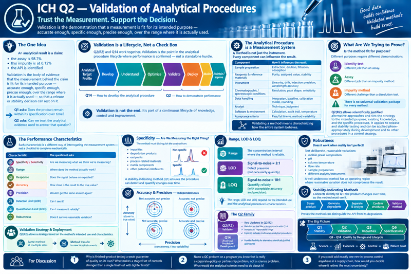 One-page overview of ICH Q2 — Validation of Analytical Procedures, subtitled 'Trust the measurement, support the decision.' Panels cover: the one idea (an analytical result is a claim; validation is the evidence the measurement is fit for its intended purpose, and Q1 asks whether the product stays in specification over time while Q2 asks whether we can trust the evidence used to answer that); validation as a lifecycle rather than a check box, shown as a chevron flow — analytical target profile, develop, understand, optimize, validate, deploy, monitor, maintain/improve — with Q14 covering development and Q2 covering the demonstration of performance; the analytical procedure as a measurement system, with a table of components (sample preparation, reagents and reference materials, instrument, chromatographic conditions, data handling, analyst, software and environment, acceptance criteria) and how each influences the result; what we are trying to prove — fit for purpose, with identity, assay and impurity methods each having a different job and no universal validation package; the performance characteristics table (specificity/selectivity, range, response, accuracy, precision, detection limit, quantitation limit, robustness) each phrased as a question; specificity with non-specific versus specific chromatogram peaks and the tie to stability-indicating methods; accuracy and precision shown as archery targets; range, LOD and LOQ; robustness against deliberate reasonable variations in mobile phase, pH, column temperature, flow rate, sample prep and analysts/instruments; a stability-indicating method workflow — stress product, generate degradants, separate and analyze, confirm structures, validate method; validation strategy and deployment — same method at multiple sites, method transfer, platform methods, ongoing monitoring; the Q2 family with Q2(R2) and Q14 and the key R2 updates (lifecycle approach, reportable range, multivariate procedures, flexibility for justified alternatives); the big picture from Q1 stability through Q2 validation, Q3 impurities and Q6 specifications to Q8–Q14 quality by design, with science plus evidence equals control equals patient trust; and three discussion questions.