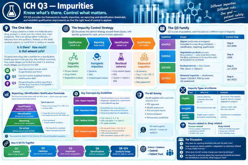 One-page overview of ICH Q3 — Impurities, subtitled 'Know what's there. Control what matters.' Panels cover: the one idea (a drug substance is never one molecule and a drug product is never just the active plus inert excipients — there are always other molecules from synthesis, shelf degradation, residual solvent, or catalyst metal, and Q3 turns toxicology into a number on a specification, asking is it there, how much, and is that amount safe; Q1 asks whether the product stays in specification over time, Q2 asks whether we can trust the analytical evidence, and Q3 asks how much of everything that is not the drug is acceptable and on what basis); the impurity control strategy as a chevron flow — classification (what it is), reporting (how much), identification (what it is), qualification (is it safe) — over four impurity classes: organic (process-related, drug-related, degradation products), inorganic (elements, salts, catalyst and reagent residues), residual solvents (four solvent classes, PDE, Option 1 or Option 2), and elemental impurities (24 elements, class 1/2A/2B/3, PDEs by route, risk assessment); the Q3 family table with Q3A(R2) organic impurities in a new drug substance (Step 4, Oct 2006), Q3B(R2) degradation products in a new drug product (Step 4, 2006), Q3C(R9) residual solvents (Step 4, Jan 2024) and Q3D(R2) elemental impurities (Step 4, Apr 2022); the reporting / identification / qualification threshold ladder drawn as a pyramid — no action below the reporting threshold, then reporting (threshold for awareness), identification (threshold for structure), qualification (threshold for safety) — with a note that the ladder scales with daily dose and the actual limits depend on the impurity, the drug, and the patient population; key concepts by guideline for Q3A, Q3B, Q3C and Q3D; the M7 overlay adding a genotoxic-impurity lens (TTC approach, (Q)SAR assessment, five structural classes, cohort of concern, nitrosamines and M7(R3)) that works together with Q3 rather than replacing it; an impurity-types-at-a-glance table and a process-related versus drug-related comparison (process-related from synthesis, removed by purification, a CMC/Q11 issue; drug-related formed from the drug itself, grows over shelf life, a Q1 stability issue); how it all fits together from Q1 stability through Q2 validation, Q3 impurities, Q6 specifications to Q8–Q14 quality by design, with science plus evidence equals control equals patient trust; and four discussion questions.