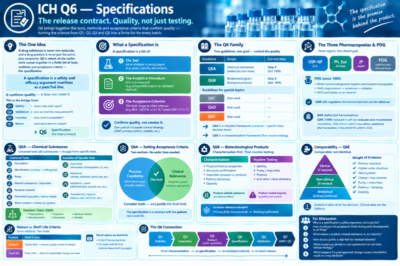 One-page overview of ICH Q6 — Specifications, subtitled 'The release contract. Quality, not just testing.' Panels cover: the one idea (a drug substance is never one molecule and a drug product is never just the active plus excipients, so Q6 is where the earlier work — Q1 stability, Q2 validation, Q3 impurities, Q5 biotech — comes together as a finite list of tests, methods and acceptance criteria that confirm quality but do not create it, a safety and efficacy argument rewritten as a pass/fail line); what a specification is — the test (what attribute is judged), the analytical procedure (how it is measured, often a compendial chapter or a validated method), and the acceptance criterion (the limit, e.g. 98.0–102.0 %, ≤ 0.2 %, 'meets USP <711>') — one part of a broader control strategy alongside GMP, process control and stability; the Q6 family table with Q6A for chemical substances (Step 4, October 1999, with added decision trees) and Q6B for biotechnological/biological products (Step 4, March 1999), Q6A a checklist framework and Q6B a characterisation-first framework; the three pharmacopoeias (USP–NF, Ph. Eur., JP) and the Pharmacopoeial Discussion Group that harmonises shared texts, with Q4B telling regulators the harmonised text can be relied on; Q6A universal tests (description, identification, assay, related substances, residual solvents, elemental impurities, water content / residue on ignition) plus dosage-form-specific tests (oral solids, parenterals, inhalation/nasal, transdermal/topical) and the Q6A decision trees (polymorphism, impurities, microbial limits, dissolution, residual solvents, chirality); setting acceptance criteria as the overlap of two anchors — process capability (what the process actually delivers) and clinical relevance (what the patient has been exposed to) — with the limit set no wider than needed and the specification treated as a contract with the patient, not a wish list; Q6B characterisation (physicochemical properties, structure confirmation, impurities process- vs product-related, potency by bioassay, quantity) versus routine testing (identity, purity/impurities, potency), the product-related substance (no adverse effect) versus product-related impurity distinction, and the in-house primary-to-working reference standard chain; comparability as a weight-of-evidence pyramid — analytical data as primary evidence, non-clinical and clinical bridging only if needed — covering primary and higher-order structure, glycosylation, charge and size variants, purity, potency and stability; release versus shelf-life acceptance criteria (a tighter release limit and a wider shelf-life limit for the same attribute, formal dual limits in the EU and Japan, a single shelf-life limit in the US); and the Q6 connection strip running Q1 stability, Q3 impurities, Q5 biotech, Q6 specification, Q2 validation, Q7 GMP/QC — from characterisation to specification to validated methods to batch release — with six discussion questions.