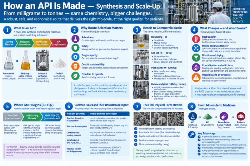 One-page overview of 'How an API Is Made — Synthesis and Scale-Up,' subtitled 'From milligrams to tonnes — same chemistry, bigger challenges,' with the tagline 'A robust, safe, and economical route that delivers the right molecule, at the right quality, for patients.' Eight numbered panels: (1) What Is an API? — a multi-step synthesis from starting materials to a purified solid drug substance, shown as a flask-to-powder chain (starting materials → reactions/intermediates → purification/crystallization → API drug substance), each step controlled; (2) Why Route Selection Matters — robustness (consistent yield and impurity profile across ranges), safety (exotherms, gas evolution, hazardous reagents), purge capacity (can impurities be removed in later steps?), cost and sustainability (reagent cost, solvent use, waste/E-factor, atom economy), freedom to operate (avoiding competing patents), with the quote that a route that works on the bench is a hypothesis about a plant process and scale-up is the experiment that tests it; (3) Bench to Commercial Scale — the same reaction at four scales with photos: bench (mg-g, small flasks, manual mixing, instant heat dissipation), kilo lab (0.1-10 kg, jacketed reactor, first real scale challenges, longer addition and hold times), pilot plant (10-100s kg, heat transfer and mixing now scale-dependent, filtration and drying take hours), commercial plant (100s kg-tonnes, all unit operations controlled and validated, heat transfer/mixing/mass transfer scale-dependent); (4) What Changes — and What Breaks? — heat transfer (surface-area-to-volume ratio falls, exotherms can become safety events), mixing and mass transfer (local concentration and temperature gradients change selectivity and impurity formation), filtration and drying (times scale with batch size, a clean filter at 1 kg can be slow at 500 kg), crystallization and solid form (cooling rate, seeding, and agitation determine particle size distribution and polymorphic form), impurities and by-products (side reactions, incomplete reactions, or contaminated materials can carry forward); (5) Where GMP Begins (ICH Q7) — a chevron from non-GMP upstream steps through the API starting material to GMP from that point forward, tightening toward final isolation, drying, and packaging, noting the final API is the most heavily characterised material in the route because nothing comes after it to remove an error; (6) Common Issues and Their Downstream Impact — a table pairing what can go wrong (incomplete reaction, competing side reaction, contaminated starting material, metal catalyst, residual solvent not fully removed) with what it becomes downstream (unreacted material as impurity, structurally related impurity, impurity with no obvious source, elemental impurity under ICH Q3D, residual solvent impurity under ICH Q3C classed by toxicity); (7) The Final Physical Form Matters — SEM-style crystal images beside a checklist of polymorphic form (stability, bioavailability), particle size distribution (flow, blend uniformity), crystal habit and morphology (compressibility), residual solvents (drying process), and moisture content (stability, caking), noting the way the API is crystallized and dried sets up everything the next section (formulation) does to it; (8) From Molecule to Medicine — a chevron from API synthesis and scale-up, to API physical form, to formulation and drug product (e.g. tablets), to patients (safe, effective medicines), followed by key takeaways: a synthesis is a chain of control points; route selection balances chemistry, safety, cost, purge capacity, and IP; scale-up changes heat transfer, mixing, filtration, and more; analytical and process development happen together; ICH Q7 defines where GMP begins in the route; the final API physical form determines manufacturability and product performance.