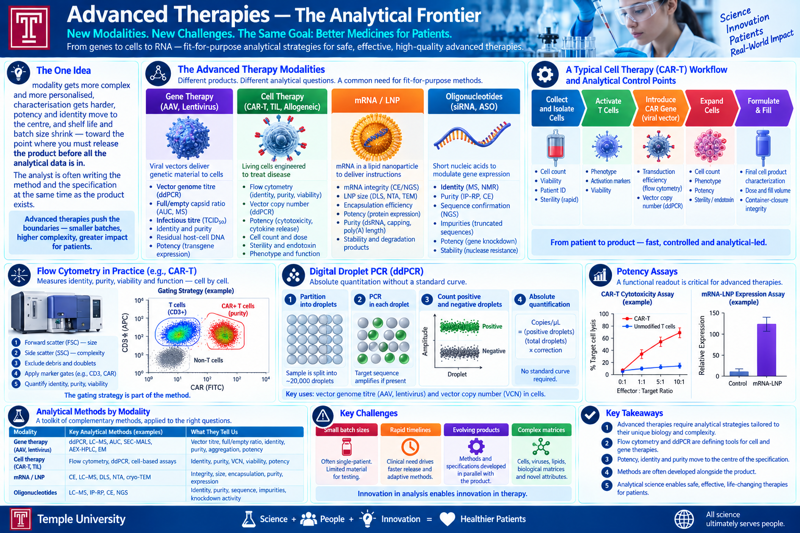 Summary infographic: Advanced Therapies — The Analytical Frontier, covering the four advanced-therapy modalities (gene therapy, cell therapy, mRNA/LNP, oligonucleotides), a typical CAR-T cell-therapy workflow and its analytical control points, flow cytometry gating strategy, digital droplet PCR (ddPCR), potency assays, analytical methods by modality, key challenges, and key takeaways