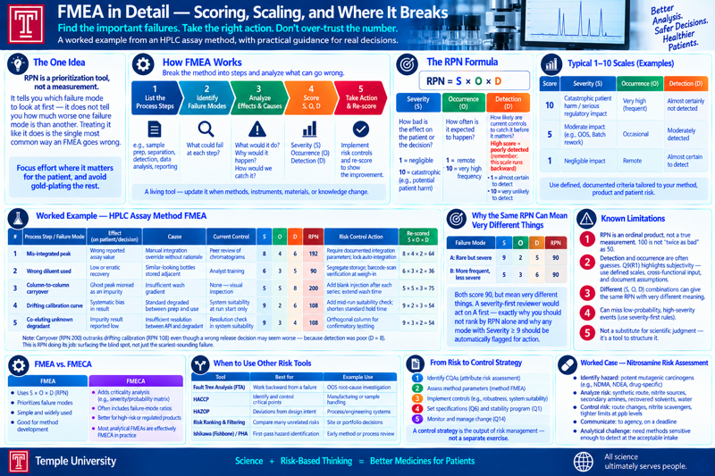 A banner titled 'FMEA in Detail — Scoring, Scaling, and Where It Breaks' with the tagline 'Find the important failures. Take the right action. Don't over-trust the number.' and the note that this is a worked example from an HPLC assay method, with practical guidance for real decisions. Panels: (1) The One Idea — RPN is a prioritization tool, not a measurement; it tells you which failure mode to look at first, not how much worse one is than another, and treating it like it does is the single most common way an FMEA goes wrong, with the note to focus effort where it matters for the patient and avoid gold-plating the rest; (2) How FMEA Works — a five-step chevron: list the process steps (e.g., sample prep, separation, detection, data analysis, reporting), identify failure modes (what could fail at each step), analyze effects and causes (what would it do, why would it happen, how would we catch it), score S, O, D (Severity, Occurrence, Detection), take action and re-score (implement risk controls and re-score to show the improvement) — captioned as a living tool, updated when methods, instruments, materials, or knowledge change; (3) The RPN Formula — RPN = S × O × D, with Severity (how bad the effect is on the patient or the decision, 1 = negligible to 10 = catastrophic e.g. potential patient harm), Occurrence (how often it is expected to happen, 1 = remote to 10 = very high frequency), and Detection (how likely current controls are to catch it before it matters, with the callout that a high score means poorly detected because the scale runs backward — 1 = almost certain to detect, 10 = very unlikely to detect); (4) Typical 1–10 Scales (Examples) — a table mapping score bands (10, 5, 1) to example Severity, Occurrence, and Detection descriptions, with a note to use defined, documented criteria tailored to the method, product, and patient risk; (5) Worked Example — HPLC Assay Method FMEA, a five-row table (mis-integrated peak, wrong diluent used, column-to-column carryover, drifting calibration curve, co-eluting unknown degradant) each with process step/failure mode, effect, cause, current control, S, O, D, RPN, a risk control action, and a re-scored RPN, with the note that carryover (RPN 200) outranks drifting calibration (RPN 108) even though a wrong release decision from drifting calibration may seem worse — because detection was poor (D = 8) — RPN doing its job of surfacing the blind spot, not just the scariest-sounding failure; (6) Why the Same RPN Can Mean Very Different Things — two failure modes (A: rare but severe, S=9 O=2 D=5; B: more frequent, less severe, S=5 O=3 D=6) both scoring RPN 90, with the point that a severity-first reviewer would act on A first regardless of the tied RPN, which is exactly why you shouldn't rank by RPN alone and why any mode with severity ≥ 9 should be automatically flagged for action; (7) Known Limitations — RPN is an ordinal product, not a true measurement (100 is not twice as bad as 50); detection and occurrence are often guesses, and Q9(R1) highlights this subjectivity, asking for defined scales, cross-functional input, and documented assumptions; different (S,O,D) combinations can give the same RPN with very different meaning; it can miss low-probability, high-severity events (use severity-first rules); it is not a substitute for scientific judgment — it's a tool to structure it; (8) FMEA vs. FMECA — a side-by-side comparison: FMEA uses S×O×D (RPN), prioritizes failure modes, is simple and widely used, good for method development; FMECA adds criticality analysis (e.g., a severity/probability matrix), often includes failure-mode ratios, is better for high-risk or regulated products, and most analytical FMEAs are effectively FMECAs in practice; (9) When to Use Other Risk Tools — a table of five tools (fault tree analysis for working backward from a failure, useful for OOS root-cause investigation; HACCP for identifying and controlling critical points, useful in manufacturing or sample handling; HAZOP for deviations from design intent, useful in process/engineering systems; risk ranking and filtering for comparing many unrelated risks, useful for site or portfolio decisions; Ishikawa/fishbone/PHA for first-pass hazard identification, useful for early method or process review); (10) From Risk to Control Strategy — a five-step numbered flow: identify CQAs (attribute risk assessment), assess method parameters (method FMEA), implement controls (e.g., robustness, system suitability), set specifications (Q6) and stability program (Q1), monitor and manage change (Q14), with the note that a control strategy is the output of risk management, not a separate exercise; (11) Worked Case — Nitrosamine Risk Assessment, a bulleted walkthrough: identify hazard (potent mutagenic carcinogens, e.g. NDMA, NDEA, drug-specific), analyze risk (synthetic route, nitrite sources, secondary amines, recovered solvents), control risk (route changes, nitrite scavengers, tighter limits at ppb levels), communicate (to the agency, on a deadline), analytical challenge (need methods sensitive enough to detect at the acceptable intake). Footer: 'Science + Risk-Based Thinking = Better Medicines for Patients,' Temple University branding, and the tagline 'All science ultimately serves people.'