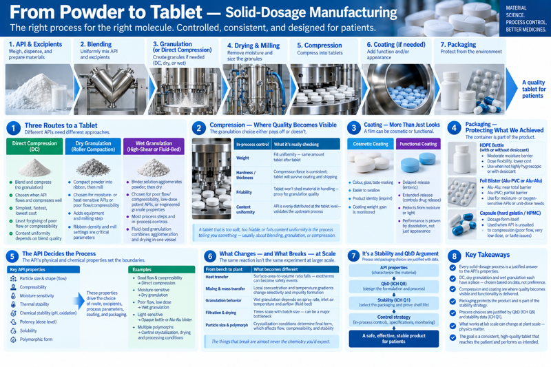 One-page overview of 'From Powder to Tablet — Solid-Dosage Manufacturing,' subtitled 'The right process for the right molecule. Controlled, consistent, and designed for patients.' A seven-step photo strip runs the unit operations left to right: (1) API & Excipients — weigh, dispense, and prepare materials; (2) Blending — uniformly mix API and excipients; (3) Granulation (or Direct Compression) — create granules if needed (DC, dry, or wet); (4) Drying & Milling — remove moisture and size the granules; (5) Compression — compress into tablets; (6) Coating (if needed) — add function and/or appearance; (7) Packaging — protect from the environment; ending in bottles and blisters labeled 'a quality tablet for patients.' Eight numbered panels below: (1) Three Routes to a Tablet — Direct Compression (blend and compress, no granulation, simplest/fastest/lowest cost, least forgiving of poor flow, content uniformity depends on blend quality), Dry Granulation/Roller Compaction (compact powder into a ribbon then mill, chosen for moisture- or heat-sensitive APIs or poor flow/compressibility, adds equipment and a milling step, ribbon density and mill settings are critical parameters), Wet Granulation/High-Shear or Fluid-Bed (binder solution agglomerates powder then dries, chosen for poor flow/compressibility or low-dose potent APIs or engineered granule properties, most process steps and in-process controls, fluid-bed combines agglomeration and drying in one vessel); (2) Compression — Where Quality Becomes Visible, a table of in-process controls (weight = fill uniformity, hardness/thickness = compression force consistent, friability = tablet won't shed material, content uniformity = API evenly distributed at tablet level) with the note that a tablet too soft, too friable, or failing content uniformity is the process telling you something about blending, granulation, or compression; (3) Coating — More Than Just Looks, contrasting cosmetic coating (colour, gloss, taste-masking, easier to swallow, product identity/imprint, weight gain monitored) with functional coating (delayed-release/enteric, extended-release controlling drug release, protects from moisture or light, performance proven by dissolution not appearance); (4) Packaging — Protecting What We Achieved, three options: HDPE bottle with or without desiccant (moderate moisture barrier, dose flexibility, lower cost, used when not highly hygroscopic or with desiccant), foil blister Alu-PVC or Alu-Alu (Alu-Alu near-total barrier, Alu-PVC partial barrier, used for moisture- or oxygen-sensitive APIs or unit-dose needs), capsule/hard gelatin or HPMC (the dosage form itself, used when API is unsuited to compression — poor flow, very low dose, or taste issues); (5) The API Decides the Process — key API properties (particle size and shape/flow, compressibility, moisture sensitivity, thermal stability, chemical stability/pH/oxidation, potency/dose level, solubility, polymorphic form) driving the choice of route, excipients, process parameters, coating, and packaging, with examples: good flow and compressibility → direct compression; moisture-sensitive → dry granulation; poor flow/low dose → wet granulation; light-sensitive → opaque bottle or Alu-Alu blister; multiple polymorphs → control crystallization, drying, and processing conditions; (6) What Changes — and What Breaks — at Scale, a table: heat transfer (surface-area-to-volume ratio falls, exotherms can become safety events), mixing and mass transfer (local concentration and temperature gradients change selectivity and impurity formation), granulation behavior (wet granulation depends on spray rate, inlet air temperature, and airflow for fluid-bed), filtration and drying (times scale with batch size, can be a major bottleneck), particle size and polymorph (crystallization conditions determine final form, affecting flow, compressibility, and stability) — with the note that the things that break are almost never the chemistry you'd expect; (7) It's a Stability and QbD Argument, a vertical flow from API properties (characterize the material) → QbD/ICH Q8 (design the formulation and process) → Stability/ICH Q1 (select the packaging and prove shelf life) → Control strategy (in-process controls, specifications, monitoring) → a safe, effective, stable product for patients; (8) Key Takeaways — every solid-dosage process is a justified answer to the API's properties; DC, dry granulation, and wet granulation each have a place chosen on data, not preference; compression and coating are where quality becomes visible and functionality is delivered; packaging protects the product and is part of the stability strategy; process choices are justified by QbD (ICH Q8) and stability data (ICH Q1); what works at lab scale can change at plant scale — physics matter; the goal is a consistent, high-quality tablet that reaches the patient and performs as intended.