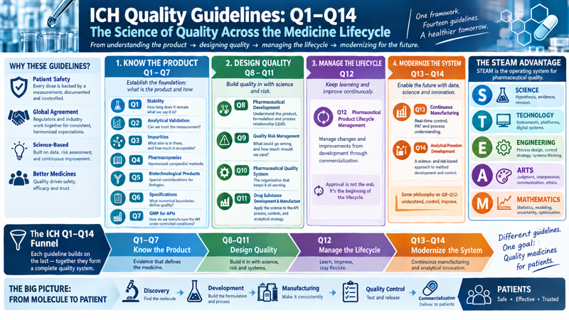 Overview infographic of the ICH quality guidelines Q1–Q14, grouped into four phases across the medicine lifecycle: Know the Product (Q1–Q7 — stability, analytical validation, impurities, pharmacopoeias, biotech products, specifications, GMP for APIs), Design Quality (Q8–Q11 — pharmaceutical development, quality risk management, pharmaceutical quality system, drug substance development and manufacture), Manage the Lifecycle (Q12 — product lifecycle management), and Modernize the System (Q13–Q14 — continuous manufacturing and analytical procedure development). A side panel maps the guidelines onto STEAM — Science, Technology, Engineering, Arts, and Mathematics — and a bottom band traces the path from molecule to patient: discovery, development, manufacturing, quality control, commercialization.