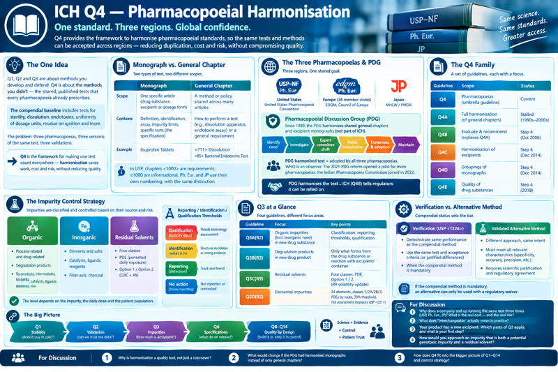 One-page overview of ICH Q4, pharmacopoeial harmonisation. A banner reads 'One standard. Three regions. Global confidence.' Panels cover: the one idea (Q1–Q3 are about methods you develop; Q4 is about the shared compendial baseline — sterility, dissolution, endotoxins, uniformity — and harmonisation removes duplicated testing without reducing quality); monograph versus general chapter, with the USP <1000> requirement/informational split; the three pharmacopoeias (USP–NF, Ph. Eur., JP) and the Pharmacopoeial Discussion Group, its identify–investigate–draft–consult–adopt–maintain cycle, the 2021 PDG reform and the Indian Pharmacopoeia Commission joining in 2022, and the split that PDG harmonises the text while ICH Q4B tells regulators it can be relied on; the Q4 family, showing Q4A stalled and Q4B (Step 4, 2007) as the evaluate-and-recommend mechanism; verification under USP <1226> versus a validated alternative method, and when the compendial method is mandatory; a big-picture strip linking Q1 stability, Q2 validation, Q3 impurities, Q6 specifications and Q8–Q14 quality by design; and discussion questions.