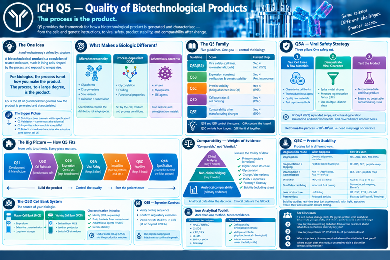 One-page overview of ICH Q5 — Quality of Biotechnological Products, subtitled 'the process is the product.' Panels cover: the one idea (a biologic is a population of related molecules made in living cells, so the process is, to a large degree, the product) with the bigger-picture chain Q1 stability → Q2 validation → Q3 impurities → Q5 biotech; what makes a biologic different (microheterogeneity — glycoforms, charge and size variants, oxidation; process-dependent critical quality attributes — glycosylation, folding; adventitious-agent risk — viruses, mycoplasma, TSE agents); the Q5 family table (Q5A(R2) viral safety, Q5B expression construct, Q5C protein stability, Q5D cell substrates, Q5E comparability, with step dates) and the model that Q5B/Q5D control the source, Q5A controls the hazard, Q5C controls ageing and Q5E ties it together; the Q5A three-pillar viral-safety strategy — test cell lines and raw materials, demonstrate viral clearance by spiking model viruses and summing log reduction factors, test the product — with the R2 scope expansion and the retrovirus-like-particle clearance argument; the big picture from Q11 development through Q5D, Q5B, Q5A, Q3 impurities and Q5C stability to the Q6B specification, labelled build the product / control the quality / earn the patient's trust; the Q5D two-tier Master Cell Bank / Working Cell Bank system and the limit of in vitro cell age; Q5B verifying the coding sequence and genetic stability; Q5E comparability as a weight-of-evidence pyramid — analytical comparability as primary evidence, non-clinical and clinical bridging only if needed — with 'comparable, not identical'; a protein-stability degradation-route table (aggregation, fragmentation/clipping, deamidation/isomerisation, oxidation, disulfide scrambling, loss of structure, potency loss) and how each is seen; the analytical toolkit (HPLC/UHPLC, CE-SDS, icIEF/IEX, LC-MS, ELISA/qPCR, bioassays) with the principles of orthogonality, multiple attributes and robust methods; and five discussion questions.