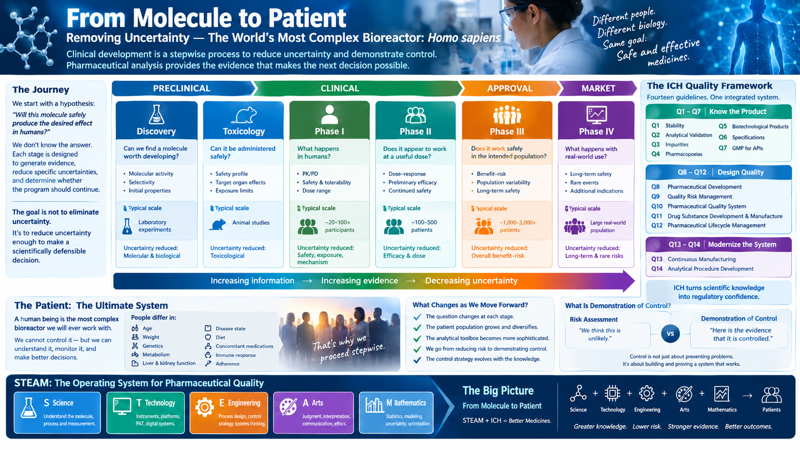 Overview infographic, 'From Molecule to Patient — Removing Uncertainty.' Clinical development runs left to right as Preclinical (Discovery, Toxicology) → Clinical (Phase I, II, III) → Approval → Market (Phase IV), each stage showing its question, what it measures, typical scale, and the uncertainty it reduces, under a band reading 'increasing information → increasing evidence → decreasing uncertainty.' Side panels cover human variability and why development is stepwise, the difference between a risk assessment ('we think this is unlikely') and demonstration of control ('here is the evidence that it is controlled'), and the ICH Q1–Q14 quality framework. A bottom band maps it all onto STEAM — Science, Technology, Engineering, Arts, Mathematics.