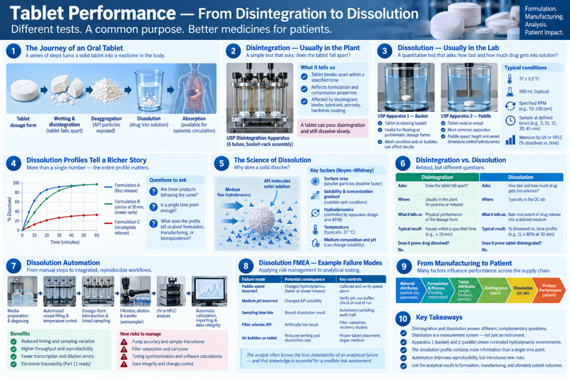 One-page overview of 'Tablet Performance — From Disintegration to Dissolution,' subtitled 'Different tests. A common purpose. Better medicines for patients.' Ten numbered panels: (1) The Journey of an Oral Tablet — a series of steps turns a solid tablet into a medicine in the body, shown left to right: tablet dosage form → wetting & disintegration (tablet falls apart) → deaggregation (API particles exposed) → dissolution (drug into solution) → absorption (available for systemic circulation); (2) Disintegration — Usually in the Plant, a simple test asking does the tablet fall apart, with a photo of the USP disintegration apparatus (6 tubes, basket-rack assembly) and what it tells us (tablet breaks apart within a specified time, reflects formulation and compression properties, affected by disintegrant/binder/lubricant/porosity/hardness/coating), with the callout that a tablet can pass disintegration and still dissolve slowly; (3) Dissolution — Usually in the Lab, a quantitative test asking how fast and how much drug gets into solution, with photos of USP Apparatus 1 — Basket (tablet in rotating basket, useful for floating or problematic dosage forms, mesh condition and air bubbles can affect results) and USP Apparatus 2 — Paddle (tablet rests in vessel, most common apparatus, paddle speed/height/vessel dimensions control hydrodynamics), plus typical conditions (37 ± 0.5 °C, 900 mL typical volume, specified RPM e.g. 50-100, sample at defined times e.g. 5/10/15/30/45 min, measured by UV or HPLC as % dissolved vs. time); (4) Dissolution Profiles Tell a Richer Story — a % dissolved vs. time chart comparing Formulation A (fast release), B (similar at 30 min, slower early), and C (incomplete release), with questions to ask: are these products behaving the same, is a single time point enough, what does the profile tell us about formulation, manufacturing, or bioequivalence; (5) The Science of Dissolution — why does a solid dissolve, illustrated with API molecules entering solution from a particle in a medium flow (hydrodynamics), and the Noyes-Whitney key factors: surface area (smaller particles dissolve faster), solubility and concentration gradient (maintain sink conditions), hydrodynamics (controlled by apparatus design and RPM), temperature (typically 37 °C), medium composition and pH (can change solubility); (6) Disintegration vs. Dissolution, a side-by-side table — disintegration asks does the tablet fall apart (usually in the plant, in-process or release testing, passes within a specified time e.g. ≤15 min, does not prove drug dissolved) versus dissolution asks how fast and how much drug gets into solution (typically in the QC lab, % dissolved vs. time profile e.g. Q ≥80% at 30 min, does not prove tablet disintegrated); (7) Dissolution Automation — from manual steps to integrated, reproducible workflows: media preparation and degassing → automated vessel filling and temperature control → dosage-form introduction and timed sampling → filtration, dilution and transfer (autosampler) → UV or HPLC analysis → automatic calculation, reporting and data integrity, with benefits (reduced timing and sampling variation, higher throughput and reproducibility, fewer transcription and dilution errors, electronic traceability/Part 11 ready) and new risks to manage (pump accuracy and sample-line volume, filter adsorption and carryover, timing synchronization and software calculations, data integrity and change control); (8) Dissolution FMEA — Example Failure Modes, applying risk management to analytical testing: a table of failure mode → potential consequence → key controls, covering paddle speed incorrect (changed hydrodynamics → calibrate and verify speed, alarm), medium pH incorrect (changed API solubility → verify pH, use buffer, check at end of run), sampling time late (biased dissolution result → automated sampling, audit trail), filter adsorbs API (artificially low result → filter validation, recovery studies), air bubbles on tablet (reduced wetting and dissolution rate → proper tablet placement, degas medium) — with the note that the analyst often knows the true detectability of an analytical failure, and that knowledge is essential for a credible risk assessment; (9) From Manufacturing to Patient — a chevron of factors influencing performance across the supply chain: material attributes (particle size, polymorph) → formulation & process (blending, compression) → tablet attributes (weight, hardness, porosity) → disintegration (plant) → dissolution (QC lab) → product performance (patient); (10) Key Takeaways — disintegration and dissolution answer different, complementary questions; dissolution is a measurement system, not just an instrument; Apparatus 1 (basket) and 2 (paddle) create controlled hydrodynamic environments; the dissolution profile contains more information than a single time point; automation improves reproducibility but introduces new risks; link the analytical results to formulation, manufacturing, and ultimately patient outcomes.